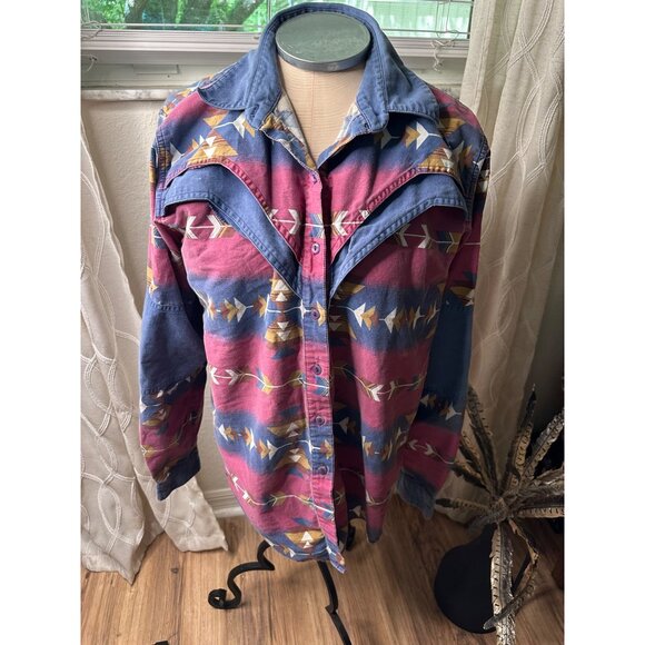 Vtg Adobe Rose Western Button-Up Shirt 1X Aztec Brushpopper Long Sleeve Cotton - Picture 7 of 15